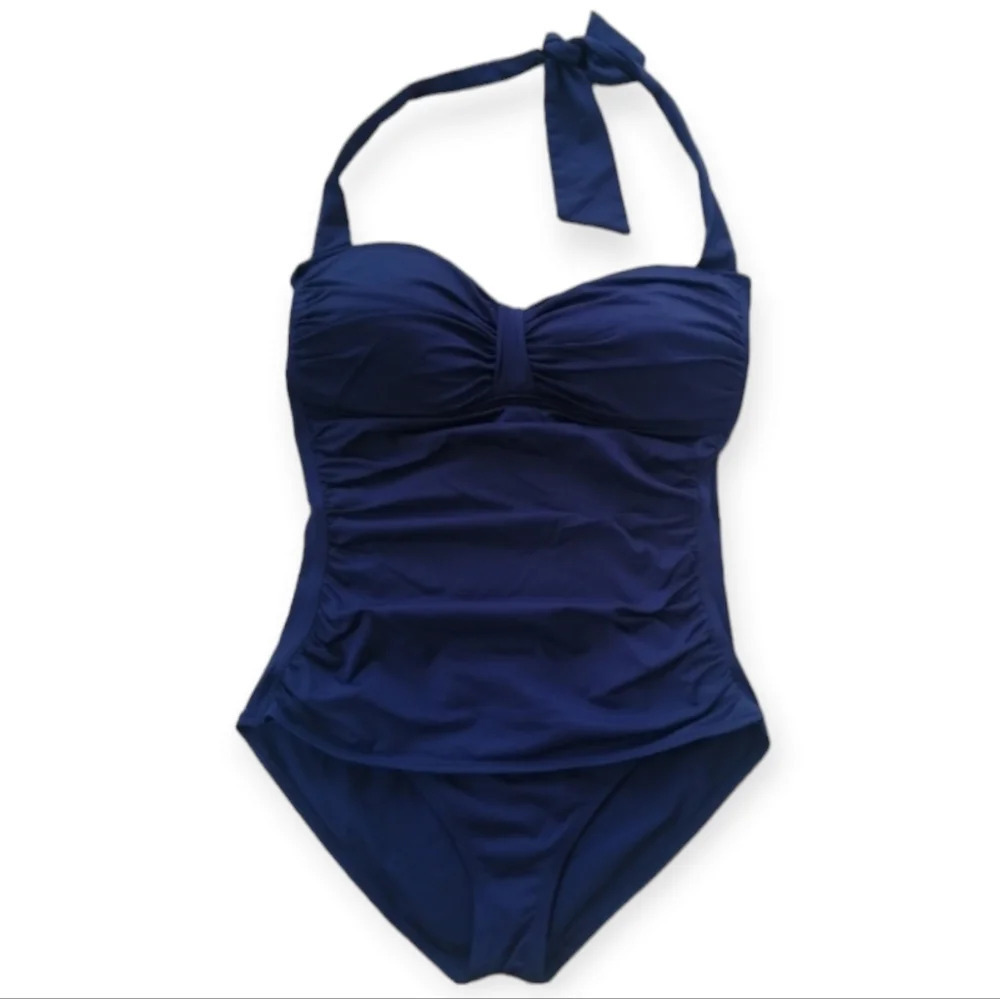 Tommy Bahama Plus Size Pearl Ruched Sweetheart Halter One Piece Swimsuit Blue 16